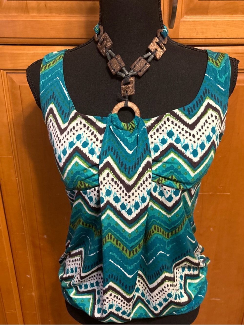 Teal Chevron Sleeveless Womens Top with Ring Detail